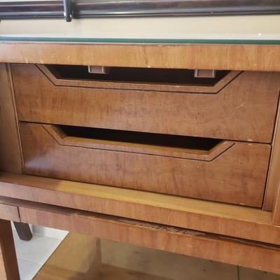 LOT 301B: MCM Sideboard/Console Table with Brass Rings & Glass Top