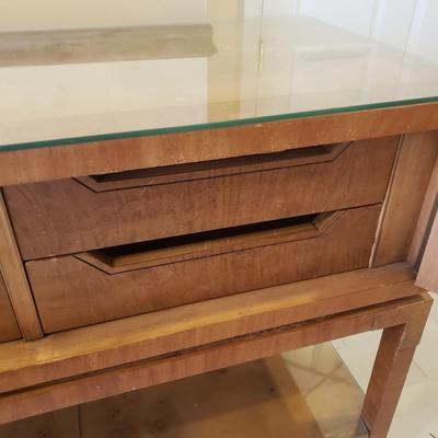 LOT 301B: MCM Sideboard/Console Table with Brass Rings & Glass Top