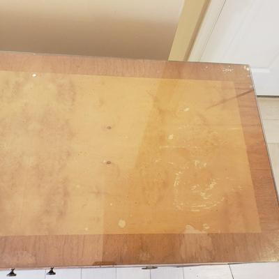 LOT 301B: MCM Sideboard/Console Table with Brass Rings & Glass Top