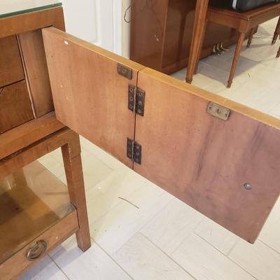 LOT 301B: MCM Sideboard/Console Table with Brass Rings & Glass Top