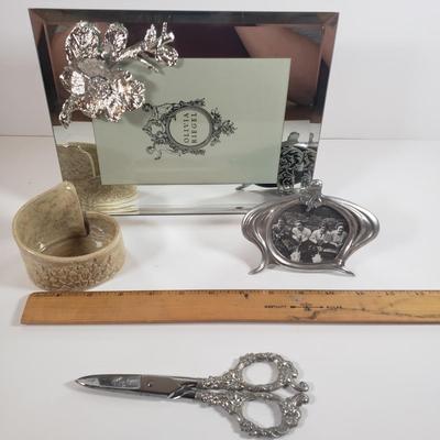 LOT 303B: Art Nouveau Lady Frame, Ornate Grape Leaf Shears, Art Pottery & Olivia Riegel Mirrored Frame