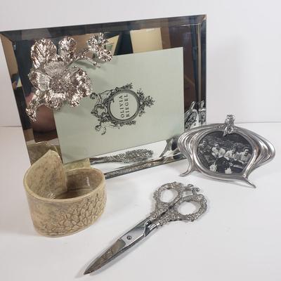 LOT 303B: Art Nouveau Lady Frame, Ornate Grape Leaf Shears, Art Pottery & Olivia Riegel Mirrored Frame