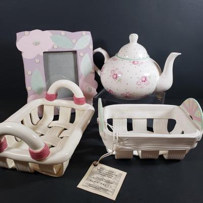 LOT 306B: Art Pottery Baskets, Handmade Signed Frame & Teapot