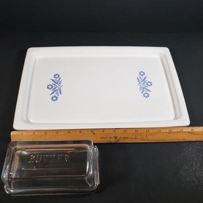 LOT 310B: Corning Ware Broil/Serving Tray & Bakeware, Glass Butter Dish, Artist Signed Folk Art & Heart Rimmed Glass Platters