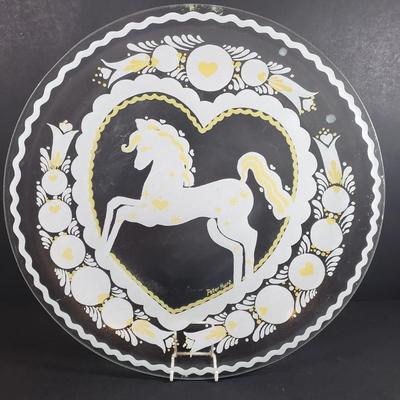 LOT 310B: Corning Ware Broil/Serving Tray & Bakeware, Glass Butter Dish, Artist Signed Folk Art & Heart Rimmed Glass Platters