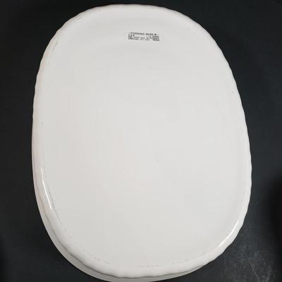 LOT 310B: Corning Ware Broil/Serving Tray & Bakeware, Glass Butter Dish, Artist Signed Folk Art & Heart Rimmed Glass Platters