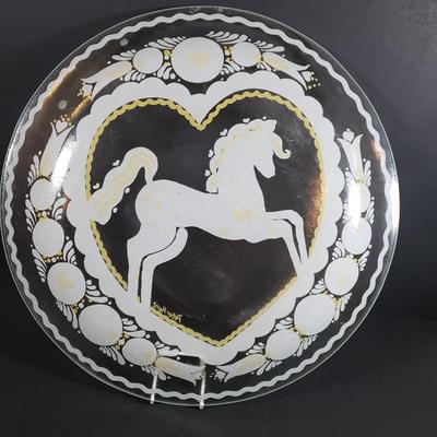 LOT 310B: Corning Ware Broil/Serving Tray & Bakeware, Glass Butter Dish, Artist Signed Folk Art & Heart Rimmed Glass Platters