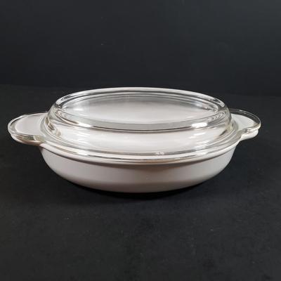 LOT 310B: Corning Ware Broil/Serving Tray & Bakeware, Glass Butter Dish, Artist Signed Folk Art & Heart Rimmed Glass Platters