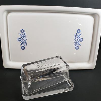 LOT 310B: Corning Ware Broil/Serving Tray & Bakeware, Glass Butter Dish, Artist Signed Folk Art & Heart Rimmed Glass Platters