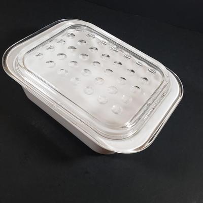 LOT 310B: Corning Ware Broil/Serving Tray & Bakeware, Glass Butter Dish, Artist Signed Folk Art & Heart Rimmed Glass Platters