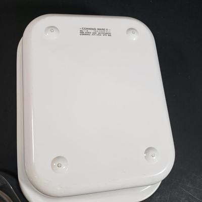 LOT 310B: Corning Ware Broil/Serving Tray & Bakeware, Glass Butter Dish, Artist Signed Folk Art & Heart Rimmed Glass Platters