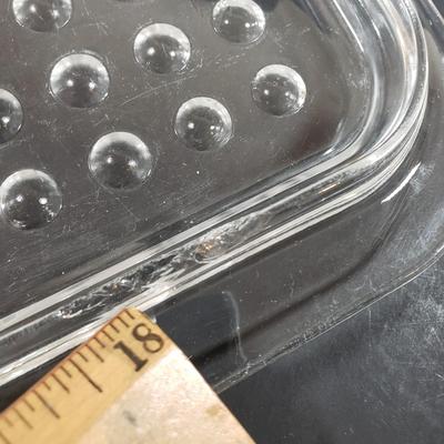 LOT 310B: Corning Ware Broil/Serving Tray & Bakeware, Glass Butter Dish, Artist Signed Folk Art & Heart Rimmed Glass Platters