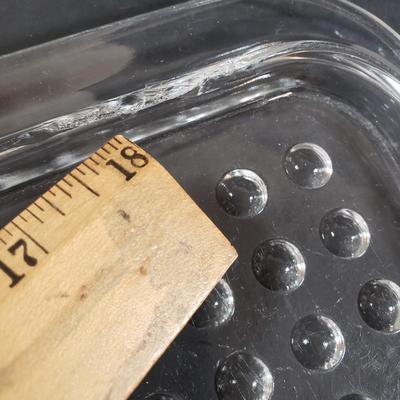 LOT 310B: Corning Ware Broil/Serving Tray & Bakeware, Glass Butter Dish, Artist Signed Folk Art & Heart Rimmed Glass Platters