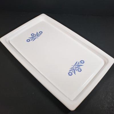 LOT 310B: Corning Ware Broil/Serving Tray & Bakeware, Glass Butter Dish, Artist Signed Folk Art & Heart Rimmed Glass Platters