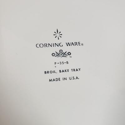 LOT 310B: Corning Ware Broil/Serving Tray & Bakeware, Glass Butter Dish, Artist Signed Folk Art & Heart Rimmed Glass Platters