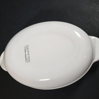 LOT 310B: Corning Ware Broil/Serving Tray & Bakeware, Glass Butter Dish, Artist Signed Folk Art & Heart Rimmed Glass Platters