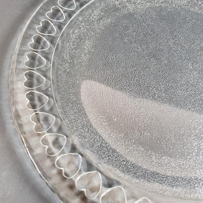 LOT 310B: Corning Ware Broil/Serving Tray & Bakeware, Glass Butter Dish, Artist Signed Folk Art & Heart Rimmed Glass Platters