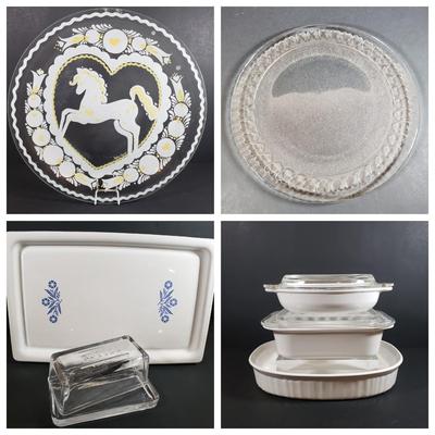 LOT 310B: Corning Ware Broil/Serving Tray & Bakeware, Glass Butter Dish, Artist Signed Folk Art & Heart Rimmed Glass Platters
