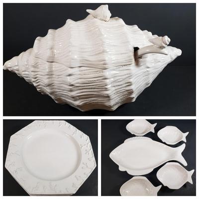 LOT 311B: Italian Ceramic Coral Pattern Plates, Fish Dishes by California Pottery & Ironstone, Large Conch Shell Tureen