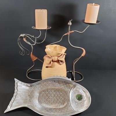 LOT 312B: Signed Terracotta Bow Vase, Arthur Court Fish Platter, Pair of Metal Figural Candle Holders