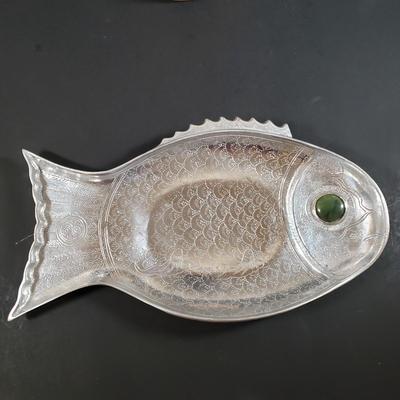 LOT 312B: Signed Terracotta Bow Vase, Arthur Court Fish Platter, Pair of Metal Figural Candle Holders