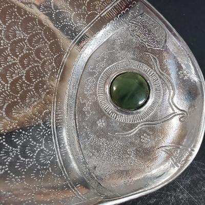 LOT 312B: Signed Terracotta Bow Vase, Arthur Court Fish Platter, Pair of Metal Figural Candle Holders