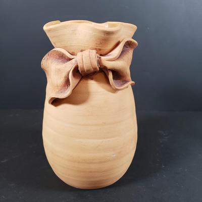 LOT 312B: Signed Terracotta Bow Vase, Arthur Court Fish Platter, Pair of Metal Figural Candle Holders