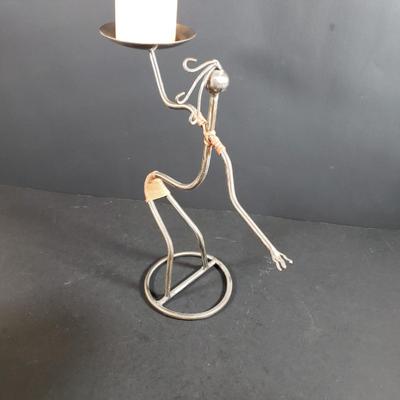 LOT 312B: Signed Terracotta Bow Vase, Arthur Court Fish Platter, Pair of Metal Figural Candle Holders