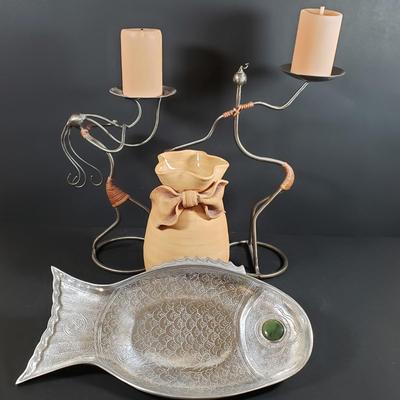 LOT 312B: Signed Terracotta Bow Vase, Arthur Court Fish Platter, Pair of Metal Figural Candle Holders