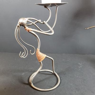 LOT 312B: Signed Terracotta Bow Vase, Arthur Court Fish Platter, Pair of Metal Figural Candle Holders