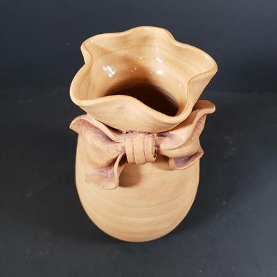 LOT 312B: Signed Terracotta Bow Vase, Arthur Court Fish Platter, Pair of Metal Figural Candle Holders