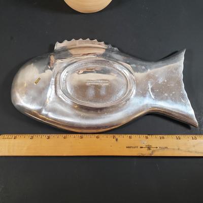 LOT 312B: Signed Terracotta Bow Vase, Arthur Court Fish Platter, Pair of Metal Figural Candle Holders