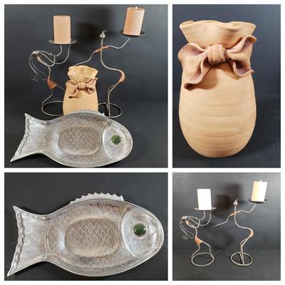 LOT 312B: Signed Terracotta Bow Vase, Arthur Court Fish Platter, Pair of Metal Figural Candle Holders
