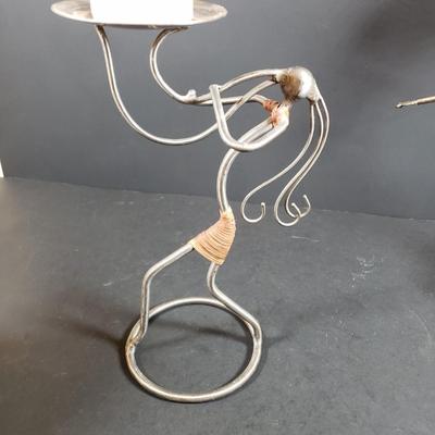 LOT 312B: Signed Terracotta Bow Vase, Arthur Court Fish Platter, Pair of Metal Figural Candle Holders