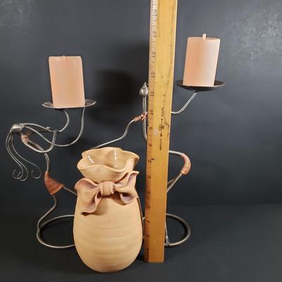 LOT 312B: Signed Terracotta Bow Vase, Arthur Court Fish Platter, Pair of Metal Figural Candle Holders