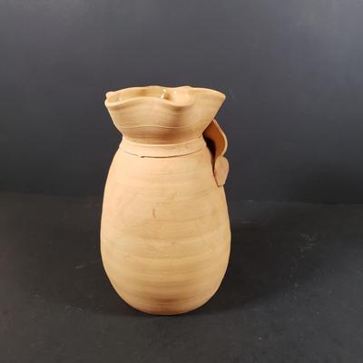 LOT 312B: Signed Terracotta Bow Vase, Arthur Court Fish Platter, Pair of Metal Figural Candle Holders