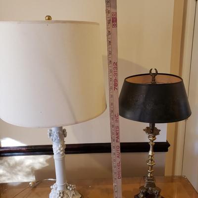 LOT 317B: Vintage Brass Candlestick Lamp & Italian Ceramic Grape Leaf Lamp