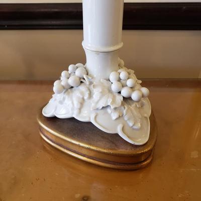 LOT 317B: Vintage Brass Candlestick Lamp & Italian Ceramic Grape Leaf Lamp