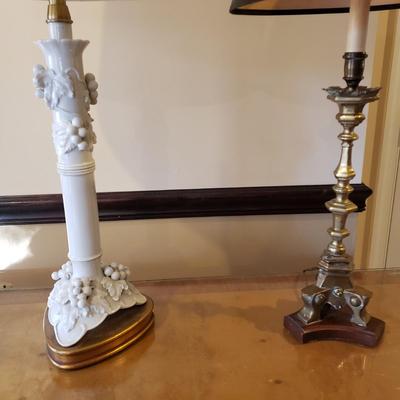 LOT 317B: Vintage Brass Candlestick Lamp & Italian Ceramic Grape Leaf Lamp
