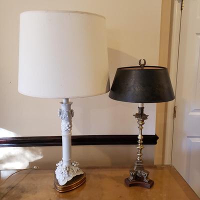 LOT 317B: Vintage Brass Candlestick Lamp & Italian Ceramic Grape Leaf Lamp