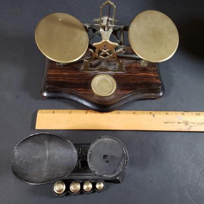 LOT 318B: Vintage Brass & Cast Iron Scales, Brass Table Decor & More