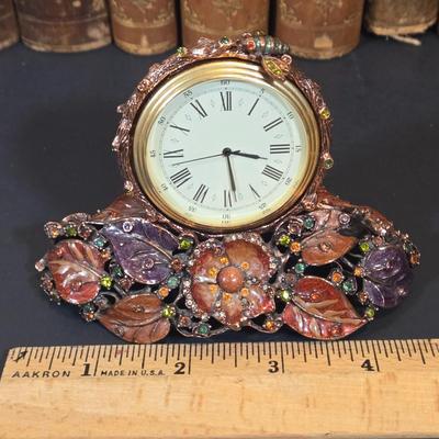 LOT 342B: Jay Strongwater Mayfair Enamel Leaf Bee Clock, Antique Books, and Ornate Bookends