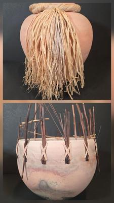 LOT 343B: Vintage Organic Modern Fiber and Clay Vessel by Michael Adcock, Signed and Terracotta Jar with Decorative Raffia Fringe