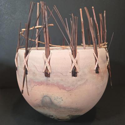 LOT 343B: Vintage Organic Modern Fiber and Clay Vessel by Michael Adcock, Signed and Terracotta Jar with Decorative Raffia Fringe