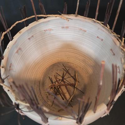 LOT 343B: Vintage Organic Modern Fiber and Clay Vessel by Michael Adcock, Signed and Terracotta Jar with Decorative Raffia Fringe