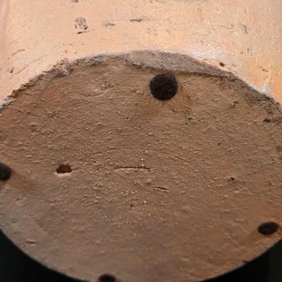 LOT 343B: Vintage Organic Modern Fiber and Clay Vessel by Michael Adcock, Signed and Terracotta Jar with Decorative Raffia Fringe