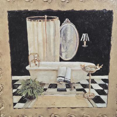 LOT 344B: Maison Bath II by Artist Charlene Winterle Olson, Vintage Bud Vase Set, Vintage Griffin Candlestick Holder, and Bombay Co Brass...