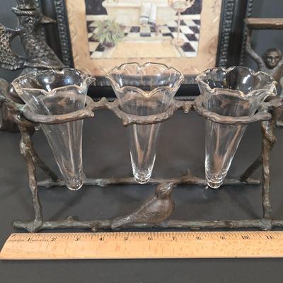 LOT 344B: Maison Bath II by Artist Charlene Winterle Olson, Vintage Bud Vase Set, Vintage Griffin Candlestick Holder, and Bombay Co Brass...