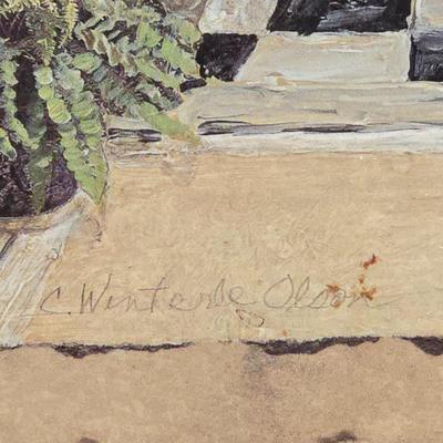 LOT 344B: Maison Bath II by Artist Charlene Winterle Olson, Vintage Bud Vase Set, Vintage Griffin Candlestick Holder, and Bombay Co Brass...