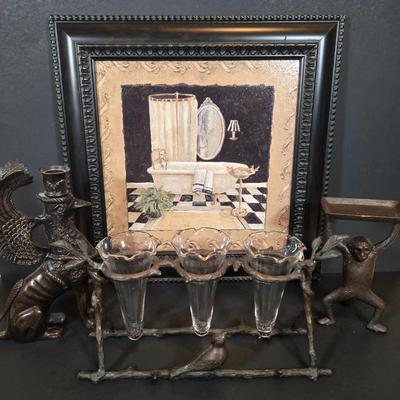 LOT 344B: Maison Bath II by Artist Charlene Winterle Olson, Vintage Bud Vase Set, Vintage Griffin Candlestick Holder, and Bombay Co Brass...